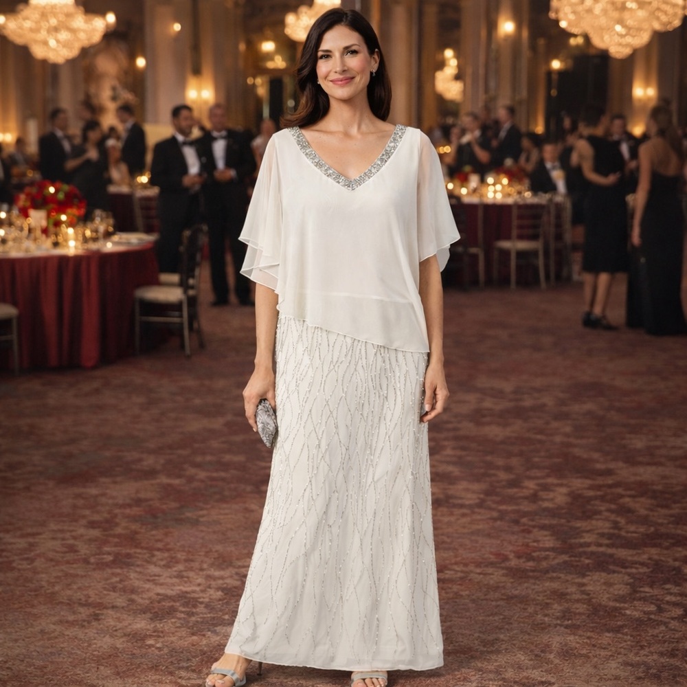 J Kara Ivory Beaded V-Neck Evening Gown